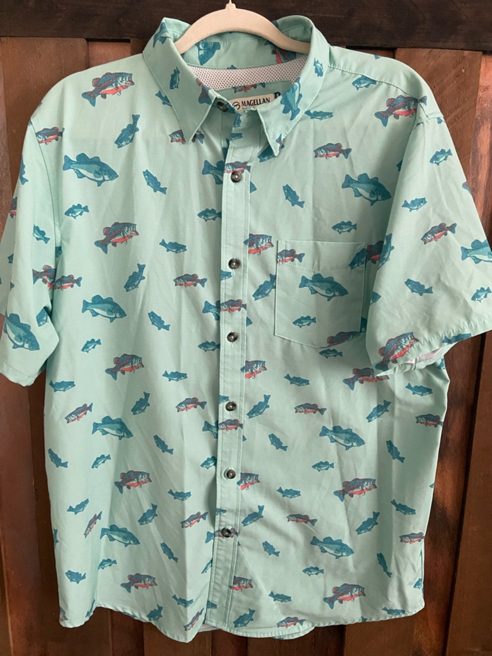 Magellan Outdoors Mint Green Short-Sleeve Fish Print Button-Down Fishing Shirt